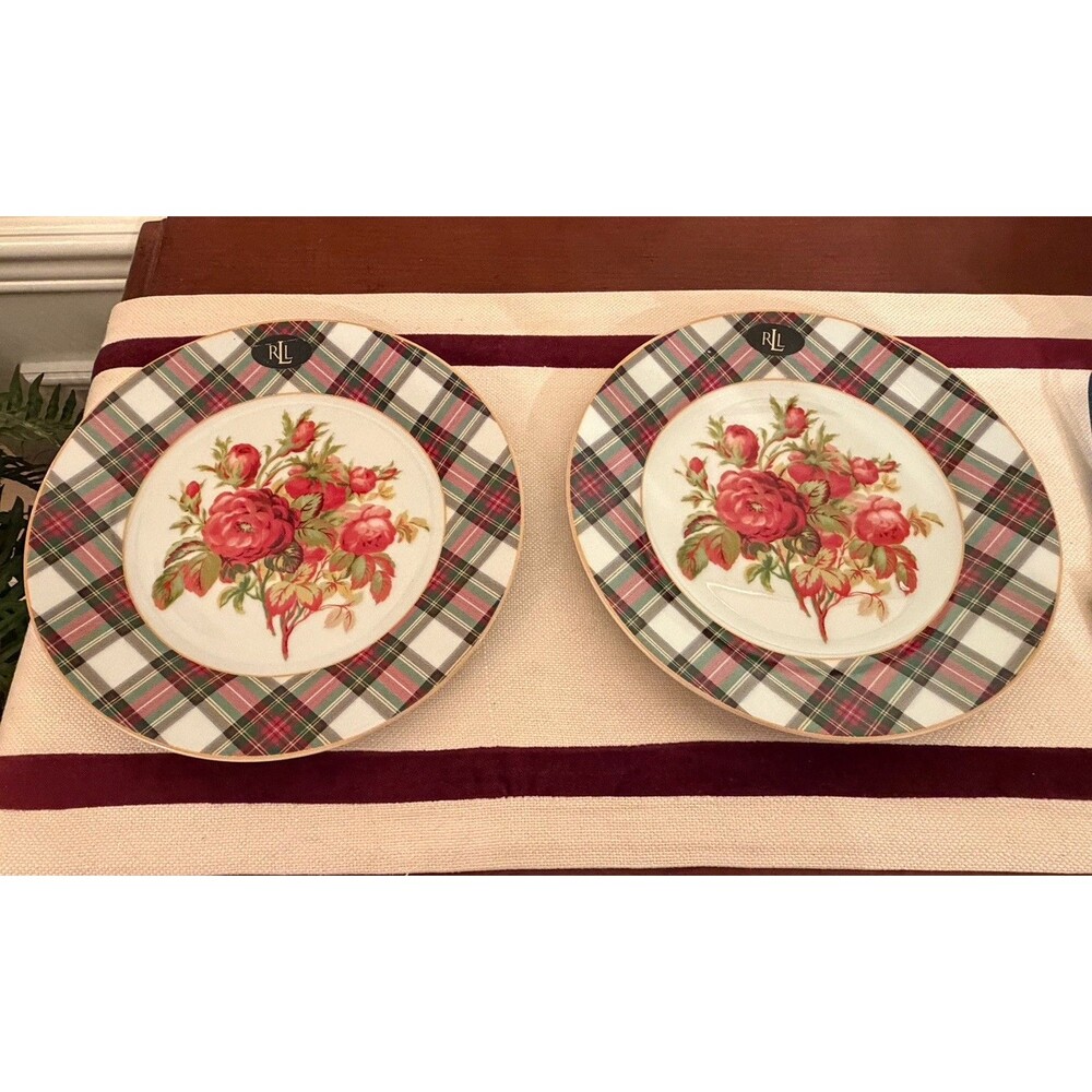 Ralph Lauren Skyler Floral Plate Rose Cluster with Tartan Plaid Border Set of 2